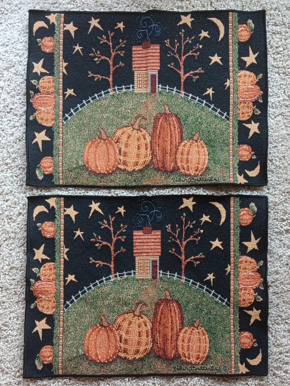 Set Of 2 Folk Art Fall Pumpkin Tapestry Placemats By Robin Betterly. USA Made
